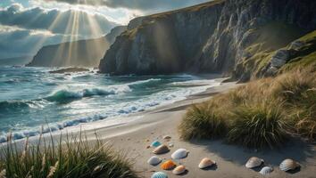 Waves Crashing Onto Sandy Beach with Cliffs and Scattered Seashells photo
