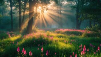 Sun Rays Shining Through Trees in a Forest Meadow with Flowers photo