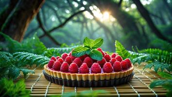Raspberry Tart with Mint Garnishing Displayed in Forest Setting photo