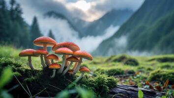 Group of Mushrooms Growing on Log with Mountains in Background photo
