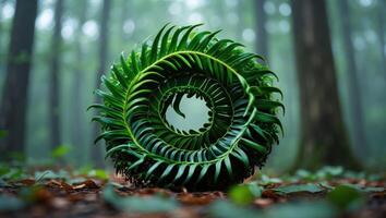Green Fern Spiral in Forest Setting, a Natural Leaf Pattern photo