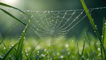 Sparkling Dew Drops on Spiderweb Hanging Between Blades of Grass photo