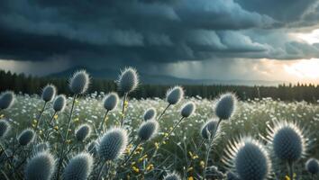 Thistle Field Under Dramatic Sky with Approaching Storm and Sunlight photo