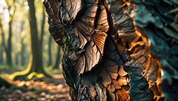 Close-up of Striking Tree Bark Texture in Forest with Soft Light photo