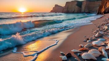 Waves Crashing on Sandy Beach at Sunset with Shells and Cliffs photo
