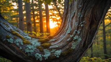 Tree Branch Framed Sunset View Through Forest with Moss and Lichen photo