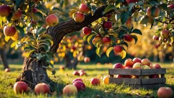 Harvesting Fresh Apples Red Apples in Orchard on Sunny Day photo