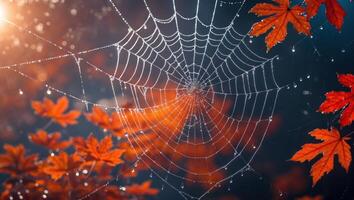 Spiderweb with Dew Drops and Red Leaves in Autumn Light photo