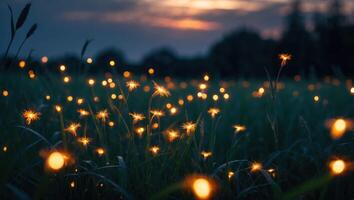 Glowing Flower Field at Twilight with Warm Light and Dark Sky photo