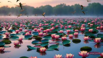 Lily Pads and Dragonflies Hovering Over Calm Pond During Sunset photo