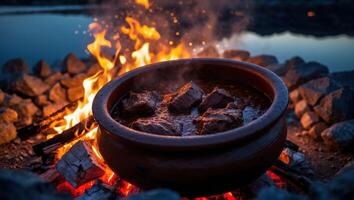 Stew Cooking Over Campfire by Lake at Night for Warmth photo