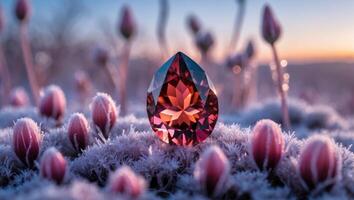 Glowing Gemstone on Frosted Field with Pink Buds at Sunrise photo