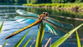 Dragonfly Resting on Green Leaf with Pond Background in Nature photo