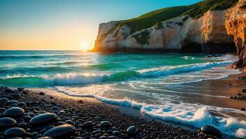 Coastal Beach Scene with Waves, Cliffs, and Sunset Scenery photo