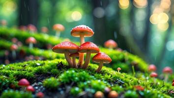 Red Mushrooms Growing on Moss in Forest with Rain Falling Down photo