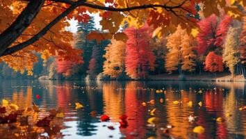 Autumn Trees Reflected in Calm Lake Water with Fallen Leaves photo