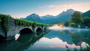Scenic Stone Bridge Over Calm Water with Mountain Reflection View photo