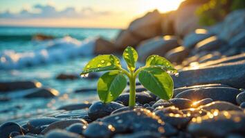Young Sprout Growing on Rocky Beach with Ocean at Sunset photo