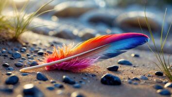 Colorful Feather Resting on Sandy Beach with Gentle Wave Background photo