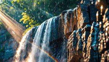 Waterfall with Sun Rays Creating Rainbow on Rocks in Nature photo