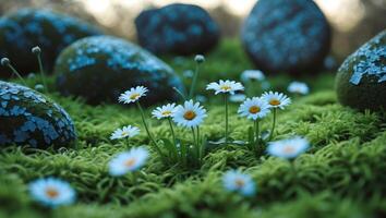 Blooming Daisies and Mossy Stones Create a Peaceful Nature Scene photo