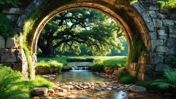 Flowing Stream Under Stone Archway Leads to a Serene Green Meadow photo