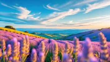 Lavender Field Blooming Under a Bright Blue Sky with Wispy Clouds photo