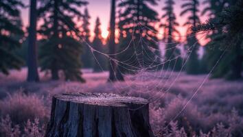 Spiderweb on Tree Stump at Sunrise in Forest with Dew photo