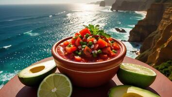 Fresh Tomato Salsa with Avocado and Lime Overlooking the Ocean photo