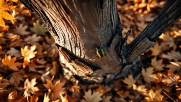 Shiny Beetle Resting on Tree Trunk Surrounded by Autumn Leaves photo