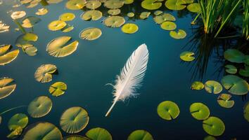 Feather Floating on Pond Water Surrounded by Lily Pads in Sunlight photo