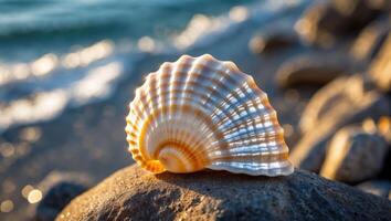 Seashell Resting on Rock Near Ocean Waves Shimmering in Sunlight photo