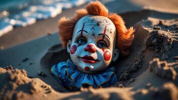 Clown Doll Partially Buried in Sand Near Ocean Waves photo