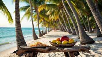 Tropical Fruit Display on Beach Table with Palm Trees Background photo
