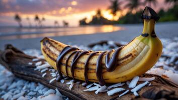 Grilled Banana with Chocolate Drizzle at Beach at Sunset photo