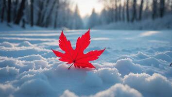 Red Leaf Resting on Winter Snowscape with Blurred Forest Backdrop photo