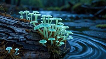 Glowing Mushrooms Grow on Log by Flowing Stream in Forest photo