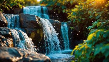 Cascading Waterfall Flows Over Rocks with Lush Green Foliage Backdrop photo