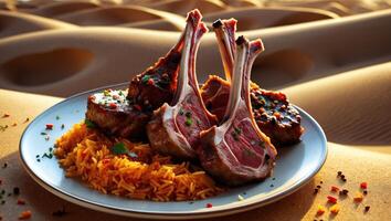 Grilled Lamb Chops with Rice Serving on Plate in Desert photo