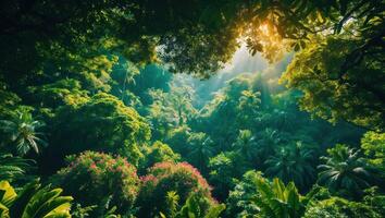 Lush Green Forest Canopy with Sun Rays Shining Through Foliage photo