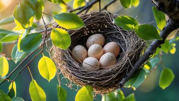 Nest with Eggs Hanging in Tree with Green Leaves Springtime photo