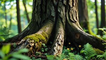 Tree Roots with Moss and Small Wildflowers in Green Forest photo