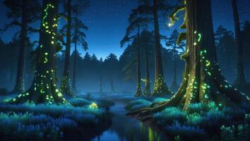Magical Forest Stream at Night with Glowing Trees and Wildflowers photo