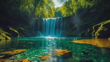 Cascading Waterfall Flows Into Clear Pool Among Lush Green Forest photo