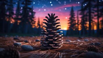Pinecone on Forest Floor at Twilight with Starry Sky Background photo