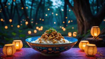 Dinner with Rice and Meat in Forest Setting with Lanterns photo