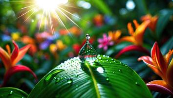 Water Drop on Green Leaf in Lush Colorful Garden Setting photo