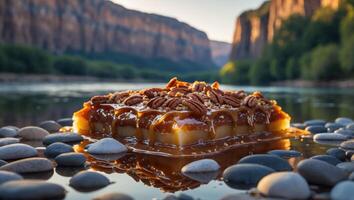 Delicious Caramel Nut Dessert by River with Canyon and Pebbles photo