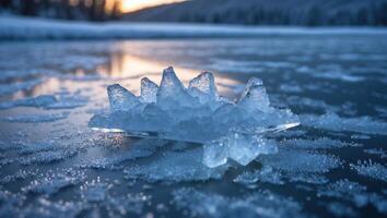 Ice Formation on Frozen Lake at Winter Sunset with Soft Light photo