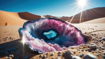 Crystal Geode Displayed on Desert Sand Under Bright Sunny Sky photo